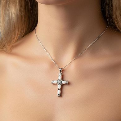 Plated Created Opal Cross Necklace 18 Inches 2 Extension