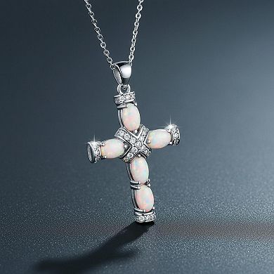 Plated Created Opal Cross Necklace 18 Inches 2 Extension