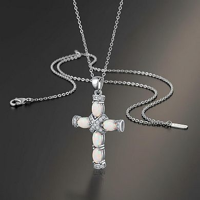 Plated Created Opal Cross Necklace 18 Inches 2 Extension