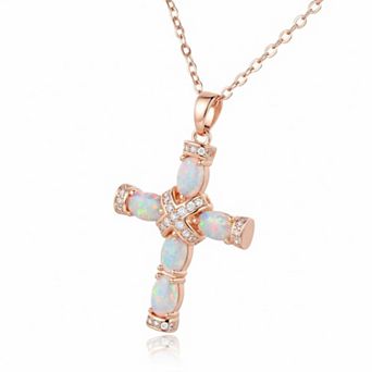 Plated Created Opal Cross Necklace 18 in 2 Extension