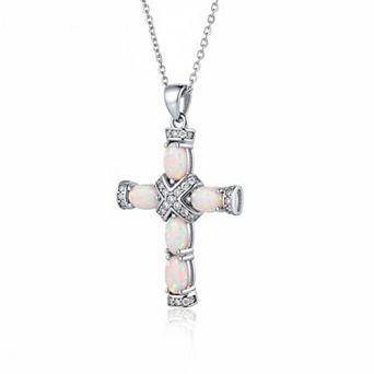 Plated Created Opal Cross Necklace 18 in 2 Extension