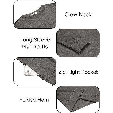 PINSPARK Men's Long Sleeve Crew Neck T-Shirt Soft Stretch Basic Tee with Zipper Pocket