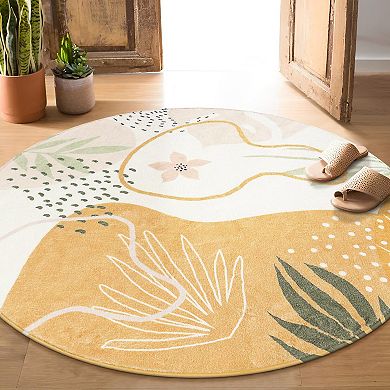 Boho Round Rug Soft Washable Non-Slip Botanical Circle Carpet for Bedroom Living Room Playroom