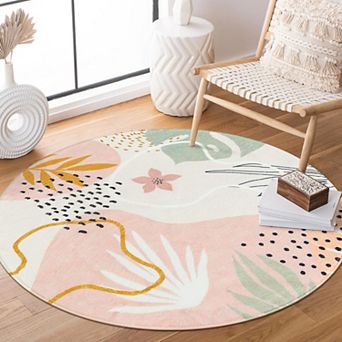 Boho Round Rug Soft Washable Non-Slip Botanical Circle Carpet for Bedroom Living Room Playroom