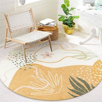 Boho Round Rug Soft Washable Non-Slip Botanical Circle Carpet for Bedroom Living Room Playroom