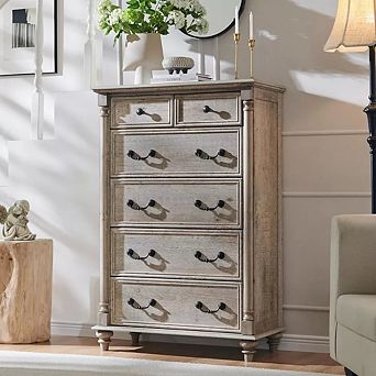 48" Farmhouse 6 Drawer Dresser, Rustic Oak Wood Chest of Drawers Storage Cabinet for Bedroom