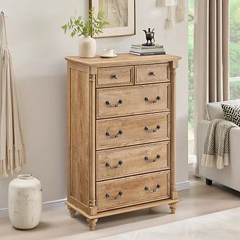 48" Farmhouse 6 Drawer Dresser, Rustic Oak Wood Chest of Drawers Storage Cabinet for Bedroom