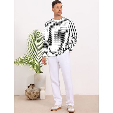 Men's Striped Henley Shirts Long Sleeve Button Down Casual T-Shirts