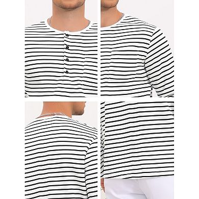 Men's Striped Henley Shirts Long Sleeve Button Down Casual T-Shirts