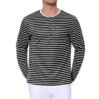 Men's Striped Henley Shirts Long Sleeve Button Down Casual T-Shirts