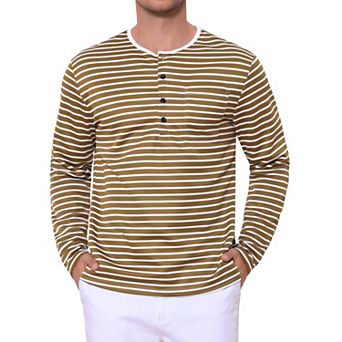 Men's Striped Henley Shirts Long Sleeve Button Down Casual T-Shirts