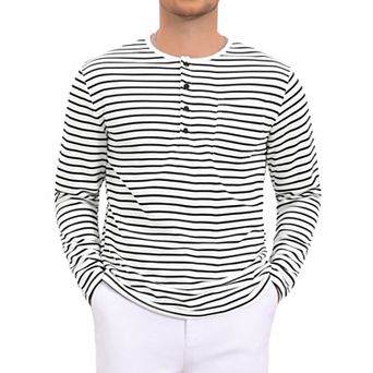 Men's Striped Henley Shirts Long Sleeve Button Down Casual T-Shirts