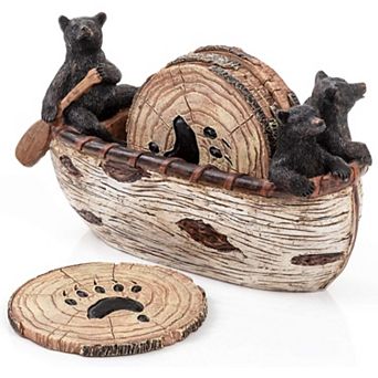 6 pc Bear Coasters with Canoe Figurines, Rustic Lodge Home Decor