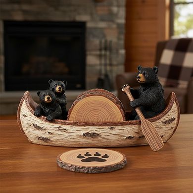 6-Piece Bear Coasters with Canoe Figurines, Rustic Lodge Home Decor