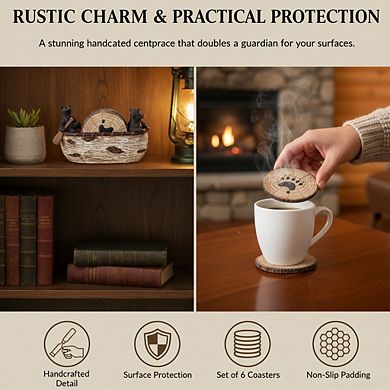 6-Piece Bear Coasters with Canoe Figurines, Rustic Lodge Home Decor