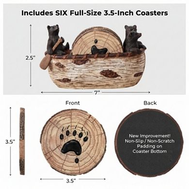 6-Piece Bear Coasters with Canoe Figurines, Rustic Lodge Home Decor