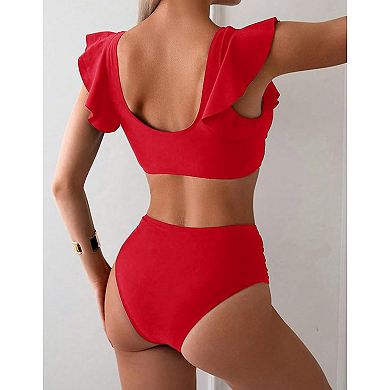 Women's Ruffle Sleeve Two Piece Bikini Set High Waist Bottom Solid Color Bathing Suit