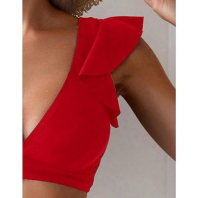 Women's Ruffle Sleeve Two Piece Bikini Set High Waist Bottom Solid Color Bathing Suit