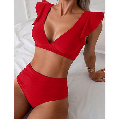 Women's Ruffle Sleeve Two Piece Bikini Set High Waist Bottom Solid Color Bathing Suit