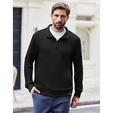 PINSPARK Men's Quarter Zip Mock Neck Pullover Long Sleeve Sweatshirt with Pockets