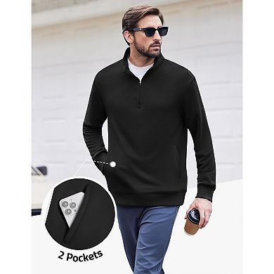 PINSPARK Men's Quarter Zip Mock Neck Pullover Long Sleeve Sweatshirt with Pockets
