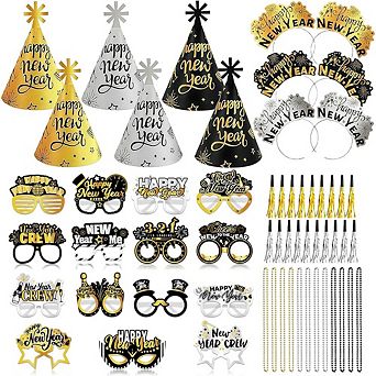 New Years Eve Party Favors Set with Hats Glasses Noisemakers and Necklaces