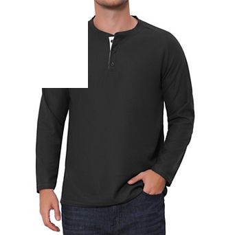 Men's Henley T-Shirts Long Sleeve Solid Color Pullover Basic Tee Shirt