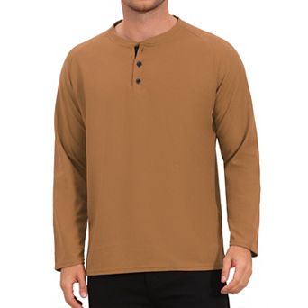 Men's Henley T-Shirts Long Sleeve Solid Color Pullover Basic Tee Shirt
