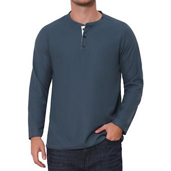 Men's Henley T-Shirts Long Sleeve Solid Color Pullover Basic Tee Shirt