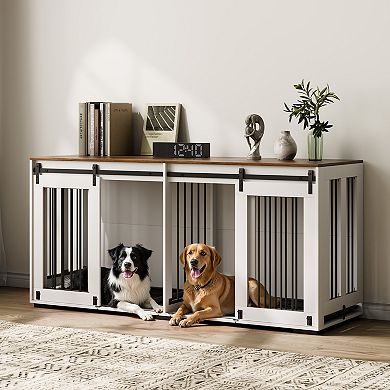 VEVOR 72" Double Dog Crate Furniture, TV Stand with Sliding Doors & Removable Tray