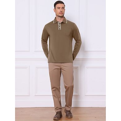 Men's Casual Contrast Button Collared Pocket Long Sleeves Polo T-Shirts