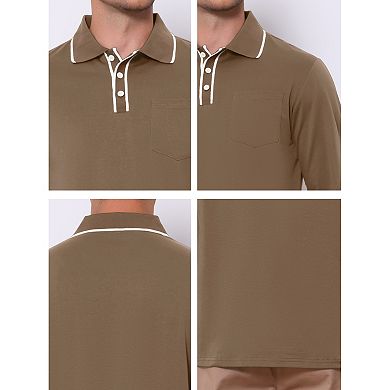 Men's Casual Contrast Button Collared Pocket Long Sleeves Polo T-Shirts