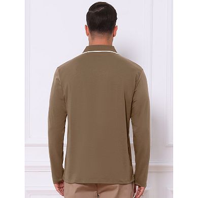 Men's Casual Contrast Button Collared Pocket Long Sleeves Polo T-Shirts