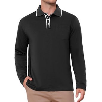 Men's Casual Contrast Button Collared Pocket Long Sleeves Polo T-Shirts