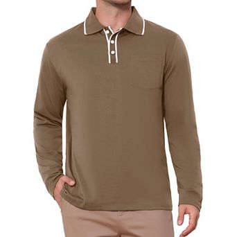 Men's Casual Contrast Button Collared Pocket Long Sleeves Polo T-Shirts