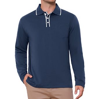 Men's Casual Contrast Button Collared Pocket Long Sleeves Polo T-Shirts