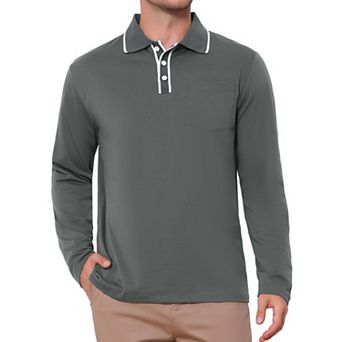 Men's Casual Contrast Button Collared Pocket Long Sleeves Polo T-Shirts