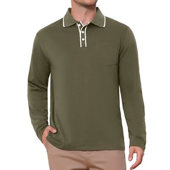 Men's Casual Contrast Button Collared Pocket Long Sleeves Polo T-Shirts