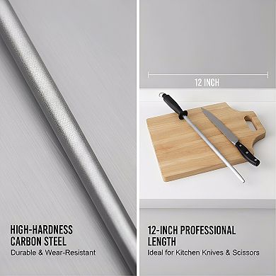 Professional 12-Inch Carbon Steel Sharpening Steel, Black Knife Honing Rod