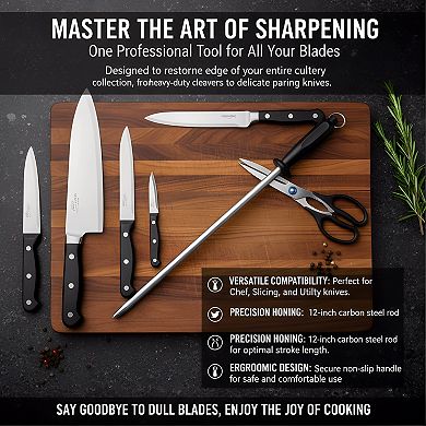 Professional 12-Inch Carbon Steel Sharpening Steel, Black Knife Honing Rod