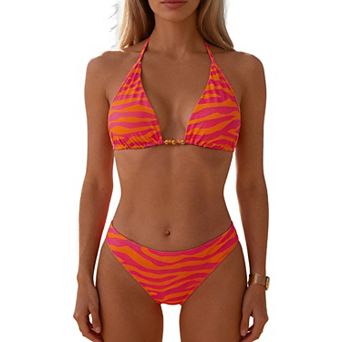 Women's Zebra Print Two Piece Bikini Set Halter Triangle Top High Cut Bottom Swimwear