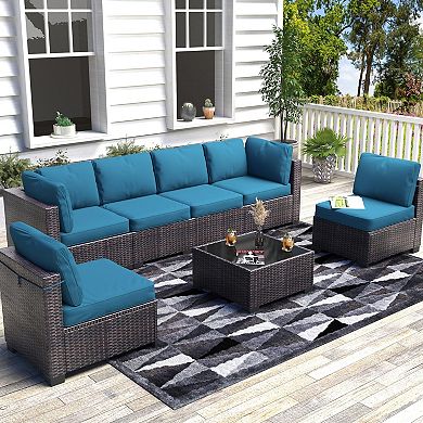 7 Pieces Patio Furniture Set, Outdoor Sectional Wicker Patio Conversation Set, Modular Sofa w/Table