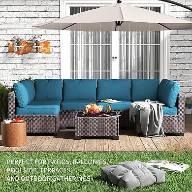 7 Pieces Patio Furniture Set, Outdoor Sectional Wicker Patio Conversation Set, Modular Sofa w/Table