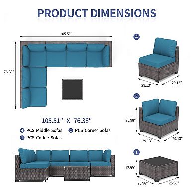 7 Pieces Patio Furniture Set, Outdoor Sectional Wicker Patio Conversation Set, Modular Sofa w/Table