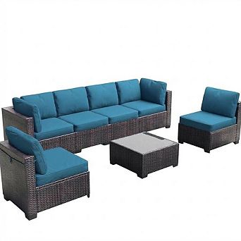7 pc Patio Furniture Set, Outdoor Sectional Wicker Patio Conversation Set, Modular Sofa w/Table