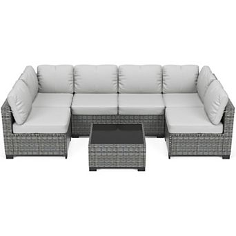7 pc Patio Furniture Set, Outdoor Sectional Wicker Patio Conversation Set, Modular Sofa w/Table