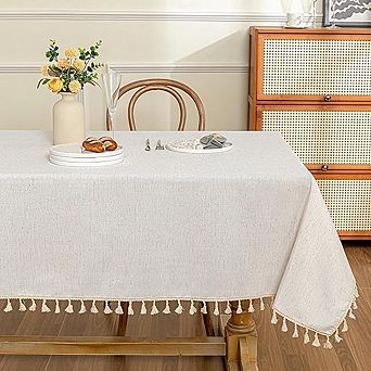 Heavy-Duty Cotton Linen Tablecloth, Waterproof, Wrinkle-Free, Tassel Trim