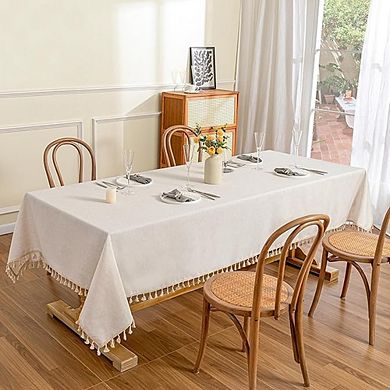 Heavy-Duty Cotton Linen Tablecloth, Waterproof, Wrinkle-Free, Tassel Trim