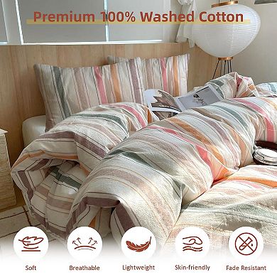 Soft Washed Cotton Duvet Cover Set with Colorful Stripes and 2 Pillowcases