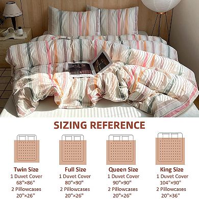 Soft Washed Cotton Duvet Cover Set with Colorful Stripes and 2 Pillowcases